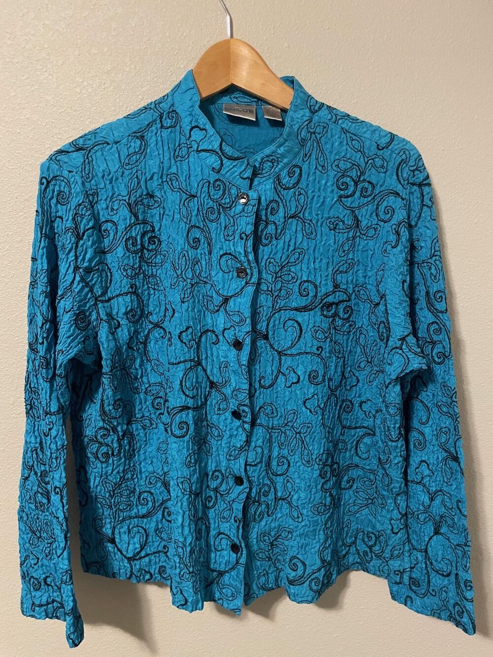 Chicos Top Womens 3 US XL Blue Silk Embroidered Button Up Lightweight Boho